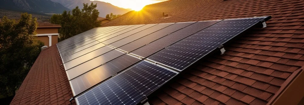 Solarmodule auf einem Dach bei Sonnenuntergang